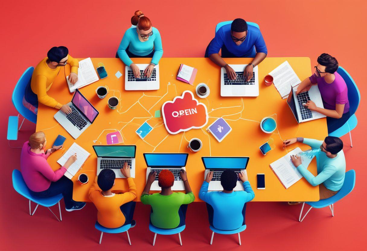 A dynamic and colorful illustration of a diverse group of content creators brainstorming around a large table, surrounded by open laptops and notebooks filled with ideas. The background features a digital landscape of interconnected blogs and social media icons, symbolizing the blogosphere. Emphasize creativity and collaboration with vibrant colors and whimsical details. cartoon style. vibrant colors. 3D elements.