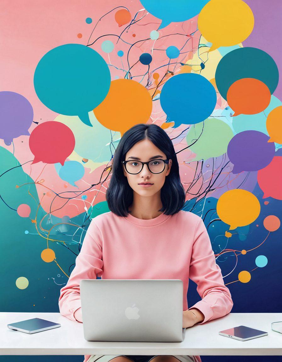 A vibrant, abstract representation of the blogosphere filled with colorful interconnected nodes symbolizing various blogs. Highlight a figure thoughtfully typing on a laptop, surrounded by floating speech bubbles depicting engaging content tips. The background should feature a blend of pastel colors and digital elements to represent creativity and technology. Incorporate elements of nature subtly to symbolize growth and connectivity in content creation. super-realistic. vibrant colors. digital art.