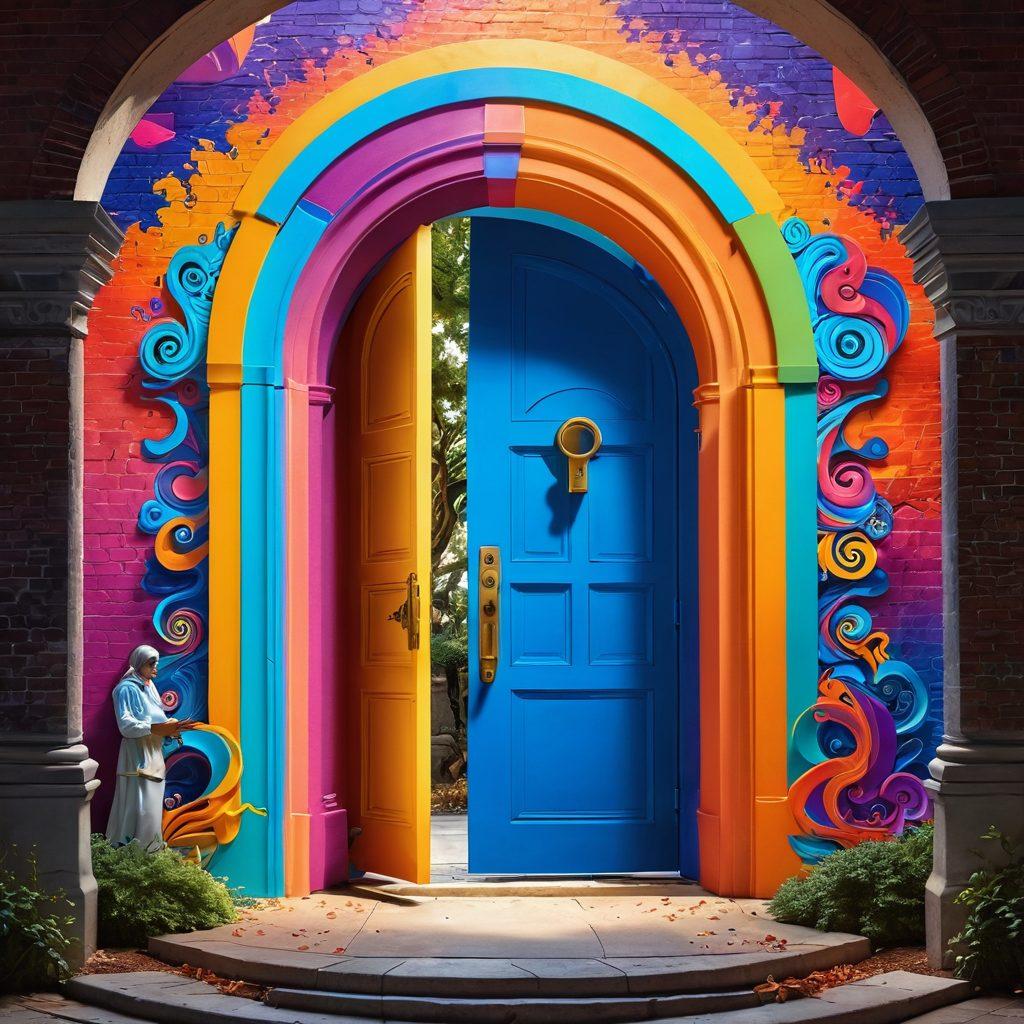 A mystical key unlocking a vibrant, swirling portal filled with colorful content pieces like blog pages, images, and podcasts. In the background, diverse community members gather eagerly, collaborating and sharing ideas. Bright, engaging colors blend seamlessly to create a sense of energy and connection. The scene symbolizes unlocking secrets of captivating content. vibrant colors. super-realistic. dynamic composition.